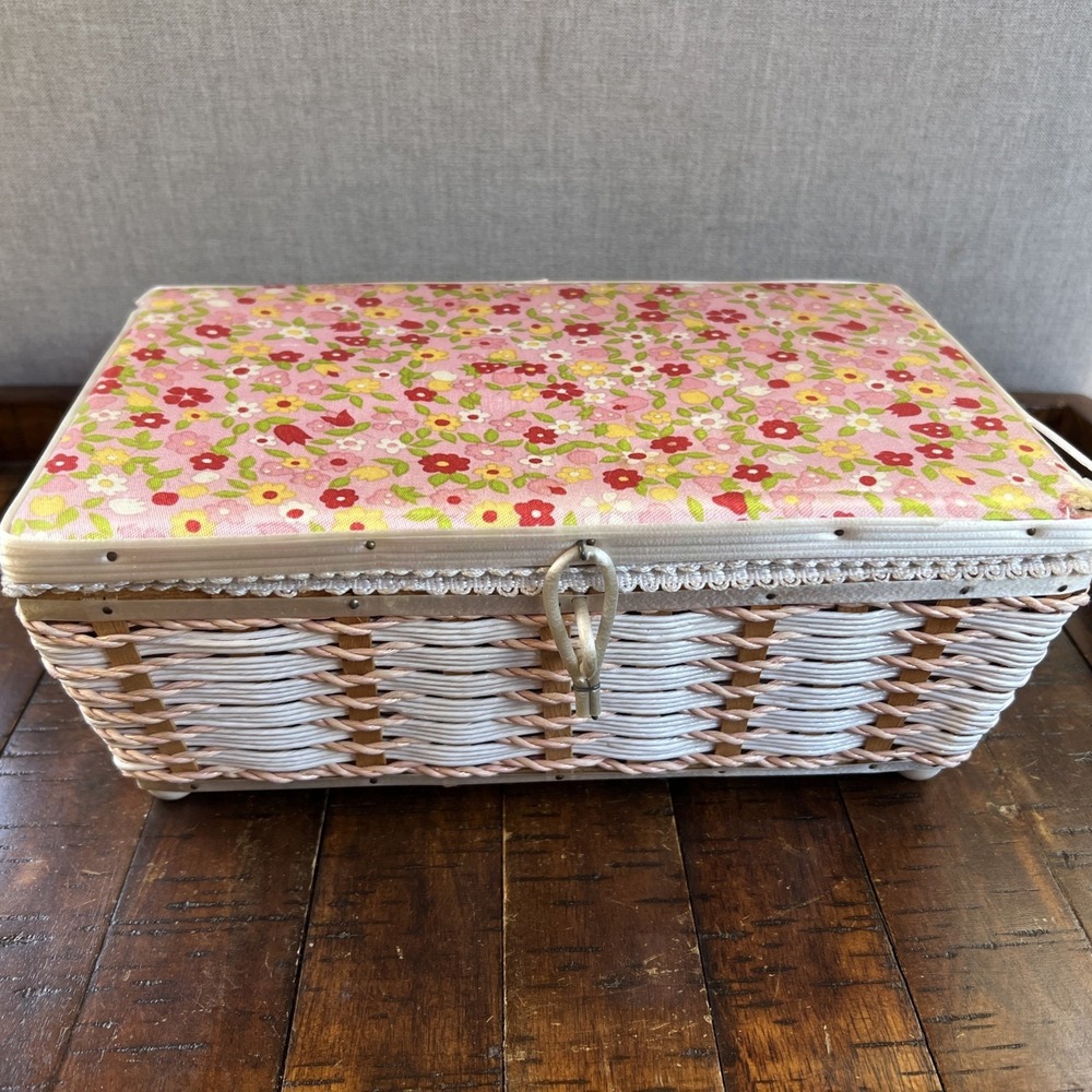 Vintage Singer Sewing Basket Rectangular Woven Wicker‎ Box w/ Handles